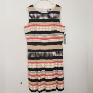 NWT Tahari Geo Stripe Pleated Dress 16 Black Pink White Beige